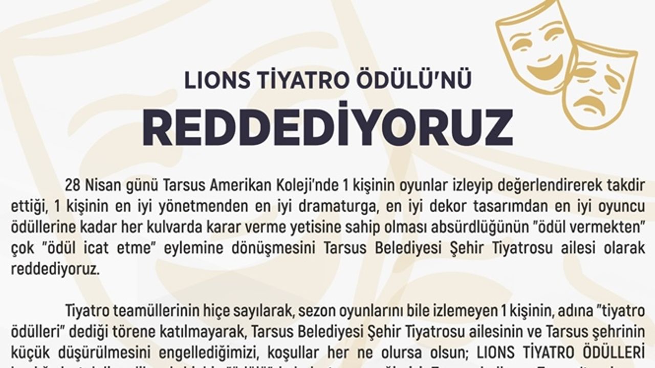 Tarsus Belediyesi’nden Lions Tiyatro Ödülü Çıkışı: Reddediyoruz